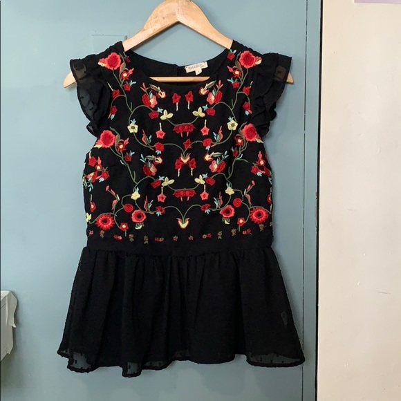 EMBROILED BLACK RUFFLED  BLOUSE - Picture 1 of 5